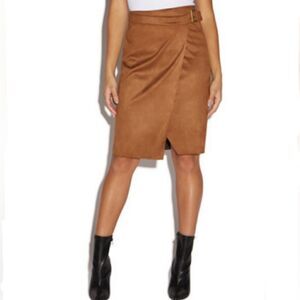 Faux suede microfiber Cognac Camel Tan faux wrap skirt with buckle detail